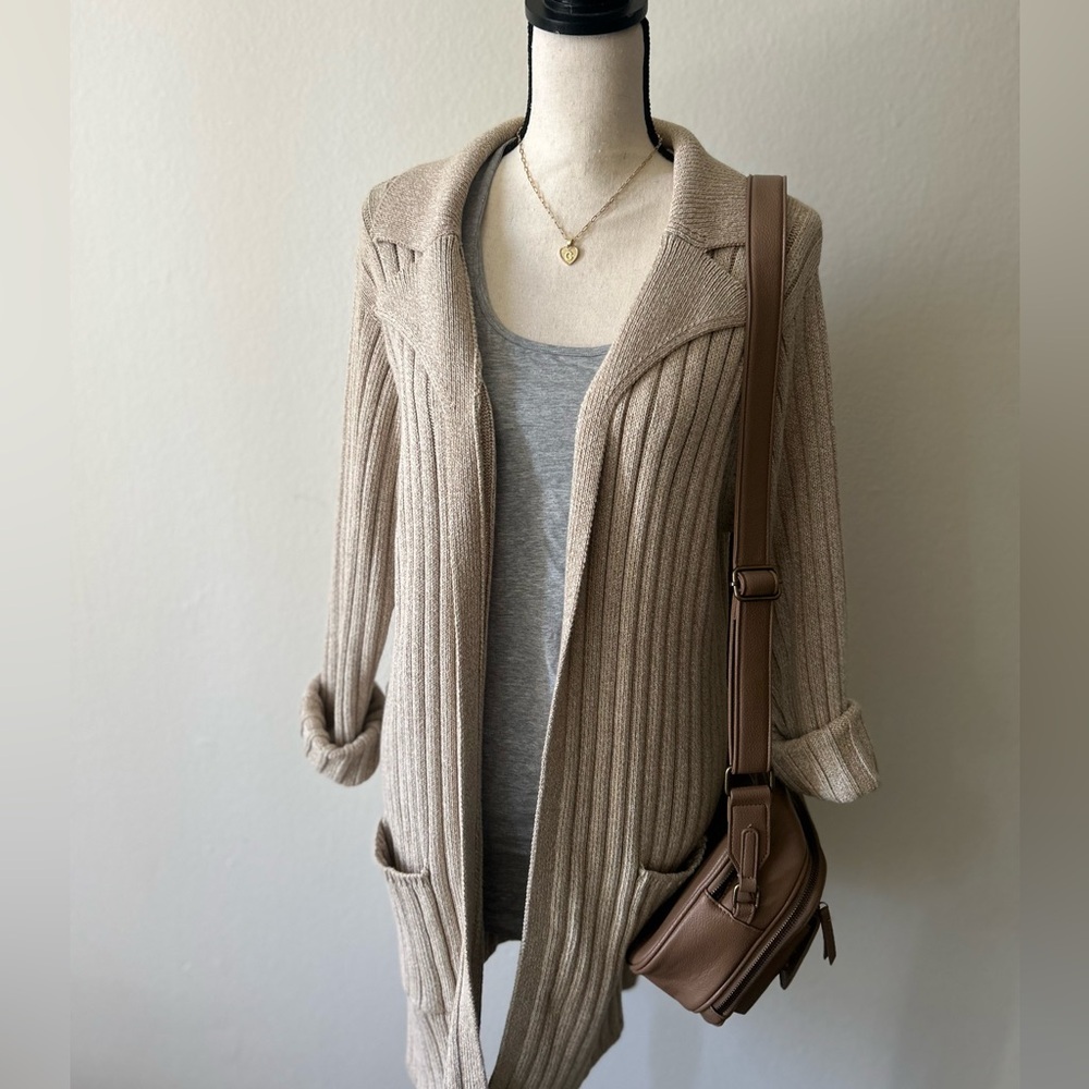 Vintage Women's Ribbed Knit Cardigan Sweater Layering Beige Large 100% Cotton